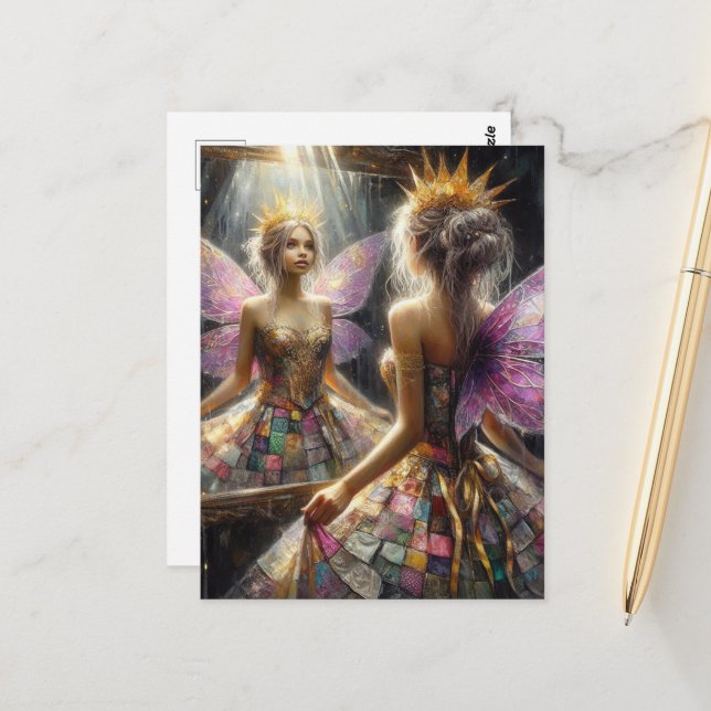 Cartão Postal Fada em um vestido acolchoado olha no espelho para (Frente/Verso In Situ)