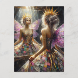 Cartão Postal Fada em um vestido acolchoado olha no espelho para