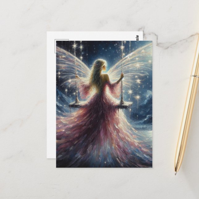 Cartão Postal Fada em um vestido rosa em um balanço (Frente/Verso In Situ)