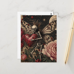 Cartão Postal Fada Esqueleto e Flores de Peônia Fantasia Sombria