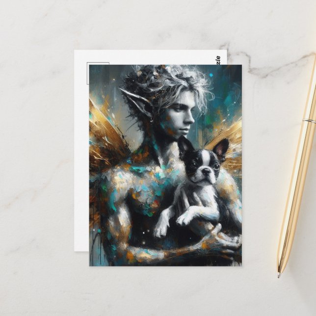 Cartão Postal Fada Masculina Com Boston Terrier Puppy (Frente/Verso In Situ)