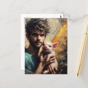 Cartão Postal Fada Masculina Com Suíno Bebê