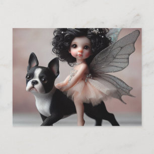 Cartão Postal Fada montando fantasia de Boston Terrier