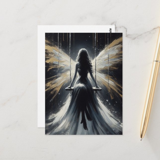 Cartão Postal Fada no Balanço à Noite com Vestido Branco (Frente/Verso In Situ)