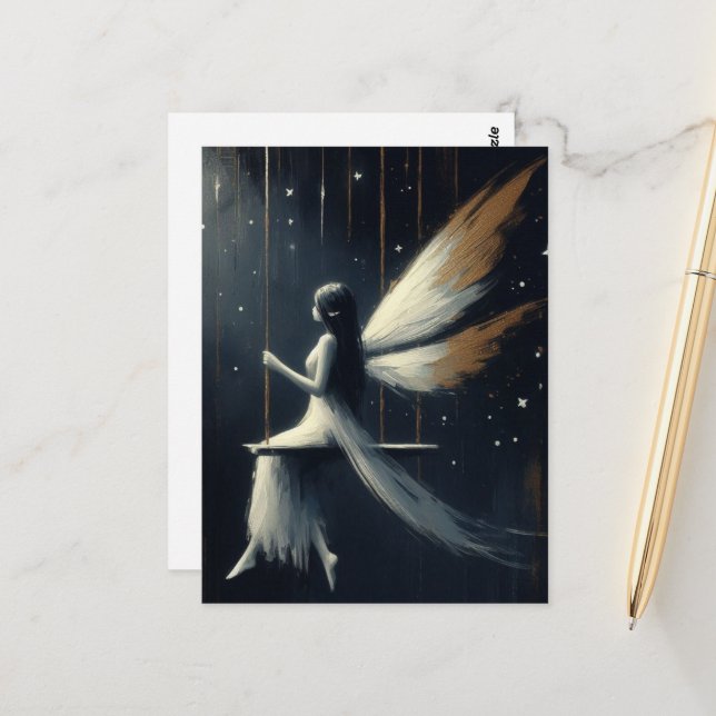 Cartão Postal Fada Noturna em Balanço em Vestido Branco (Frente/Verso In Situ)