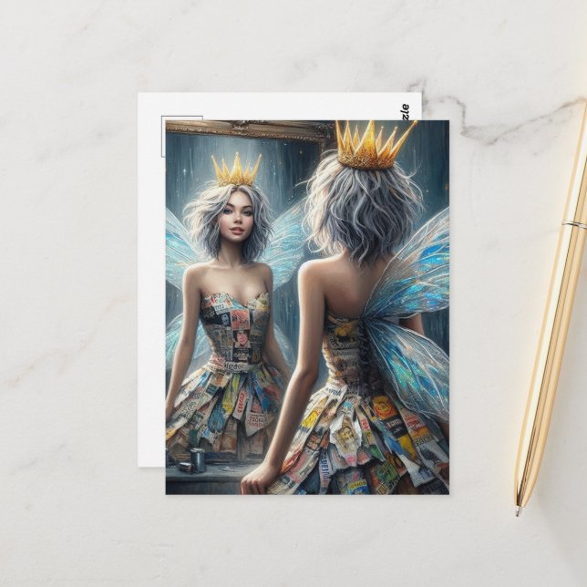 Cartão Postal Fada num vestido de jornal de Reciclado (Frente/Verso In Situ)