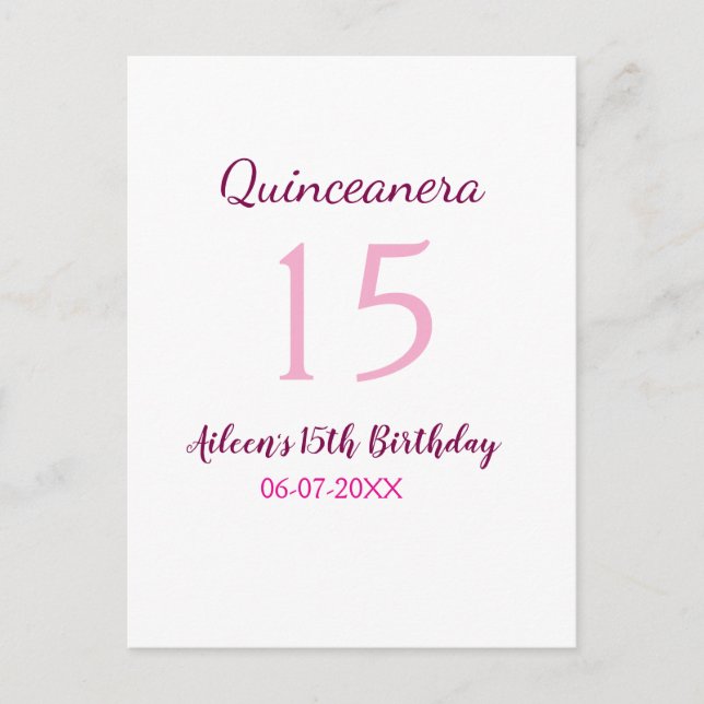 Cartão Postal Fada rosa 15º aniversário simples moder quinceaner (Frente)