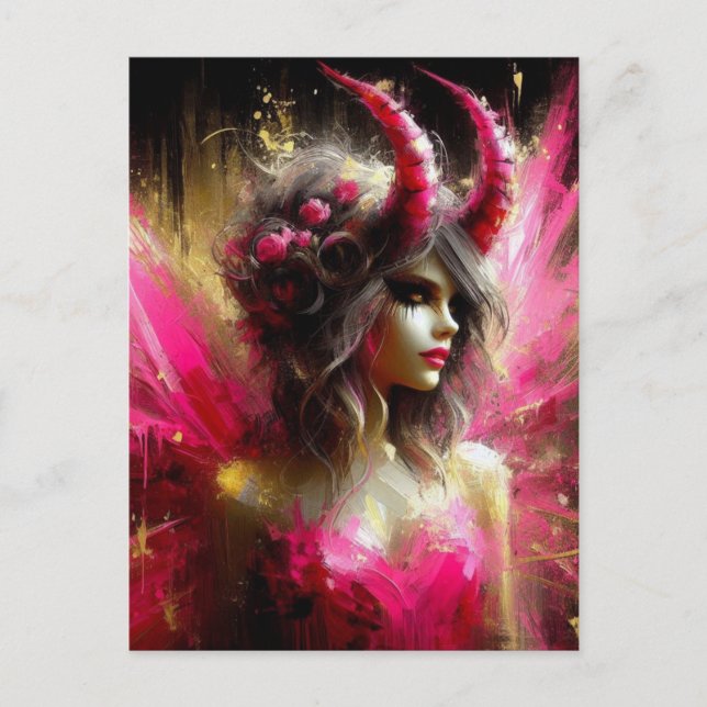Cartão Postal Fada Rosa Com Horns Dark Fantasy Art (Frente)