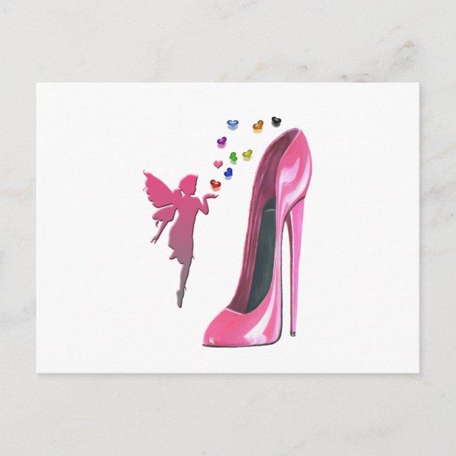 Cartão Postal Fada Rosa e Arte de Sapato Stiletto (Frente)