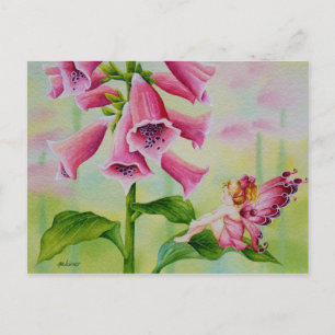 Cartão Postal Fada Rosa em Arte de Aquarela Flor de Foxglove