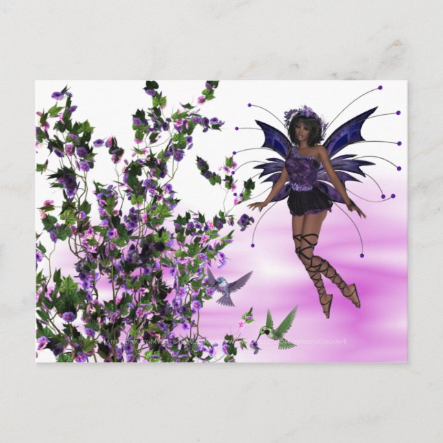 Cartão Postal Fada roxa com beija-flores Postcard 2 (Frente)