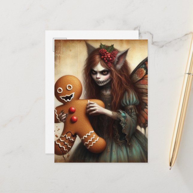 Cartão Postal Fada Vampira de Natal com Biscoito de Gengibre (Frente/Verso In Situ)