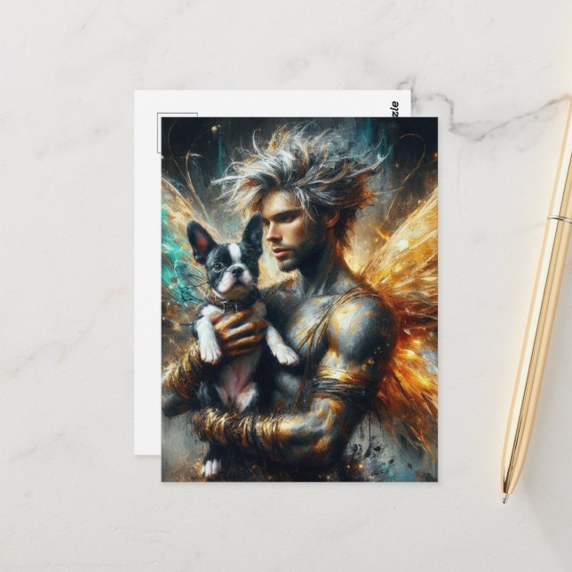 Cartão Postal Fairy e seu Boston Terrier Puppy (Frente/Verso In Situ)