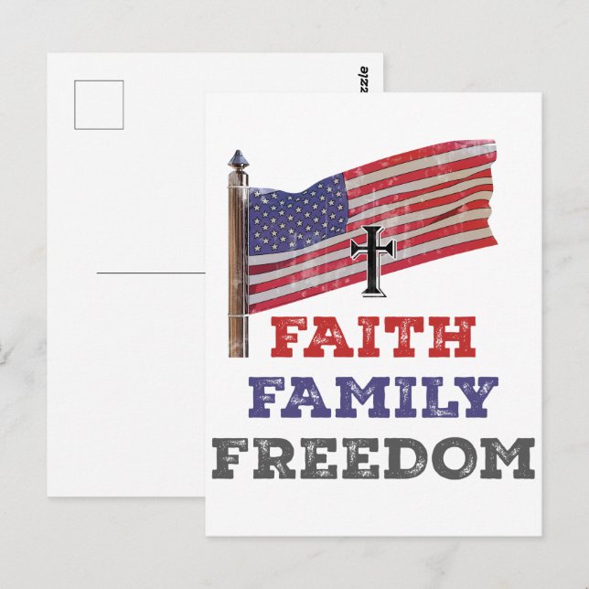 Cartão Postal Faith Family Freedom Cross with Flag (Frente/Verso)