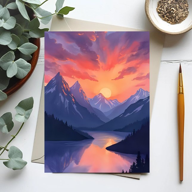 Cartão Postal Faixa Montanha Sunset | Paisagem de Lago Aquarela (Criador carregado)
