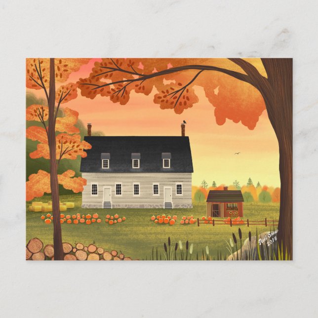Cartão Postal Fall Farmhouse Autumn Pumpkin Patch (Frente)