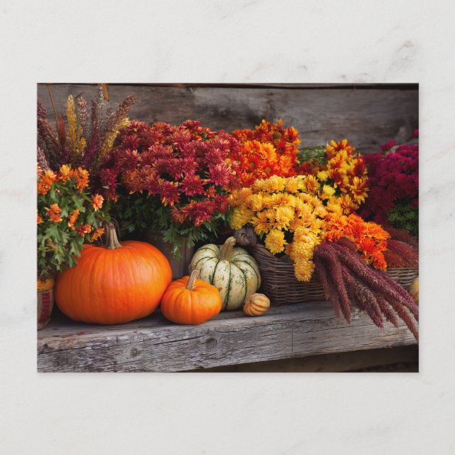 Cartão Postal Fall Harvest Tablescape - Autumn Pumpkins Flowers (Frente)