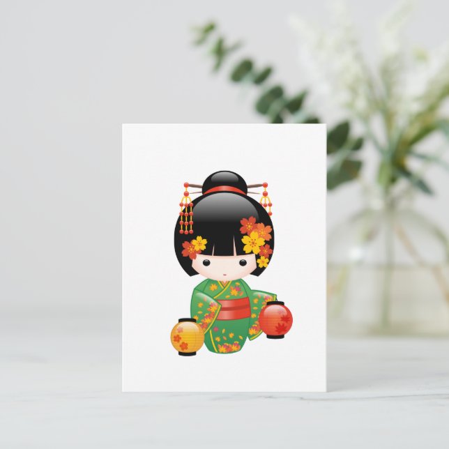 Cartão Postal Fall Kokeshi Doll - Garota Geisha Japonesa (Em pé/Frente)