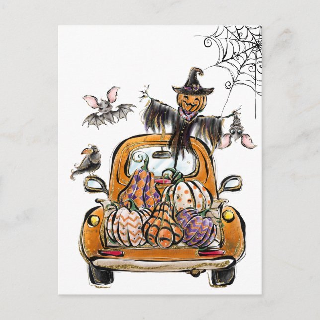Cartão Postal Fall Pumpkin Patch Truck with bats scarecrow bird  (Frente)