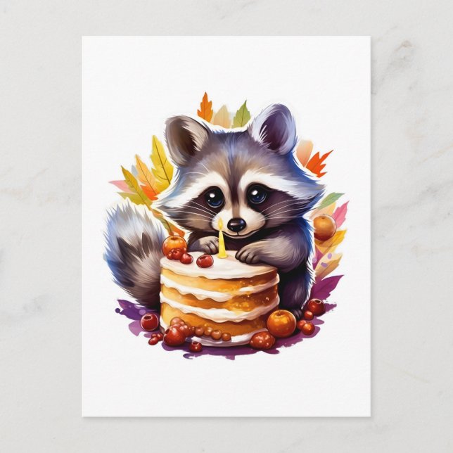 Cartão Postal Fall Raccoon com o 1º bolo de aniversário (Frente)