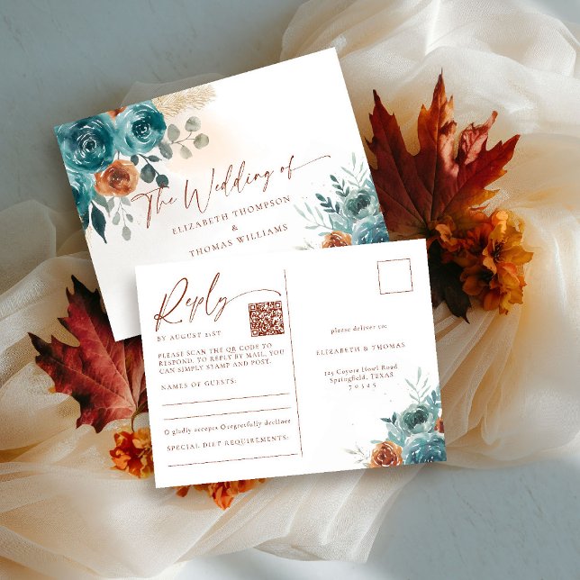 Cartão Postal Fall Teal Burnt Orange Boho Romântico Código QR RS (fall in love wedding reply rsvp postcard meal teal burnt orange terracotta watercolor floral botanic)