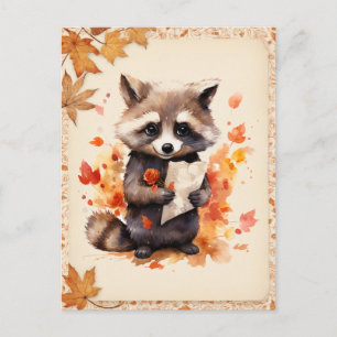 Cartão Postal Fall Watercolor Raccoon com letra -