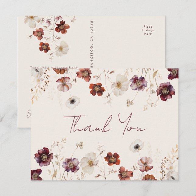 Cartão Postal Fall Wildflower Wedding Obrigado (Frente/Verso)