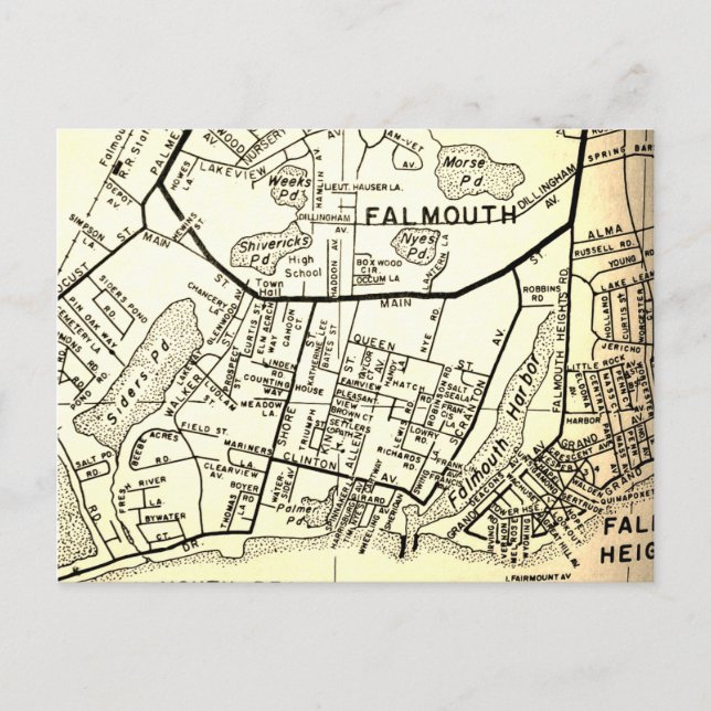 Cartão Postal Falmouth, MÃE Vintage Map (Frente)