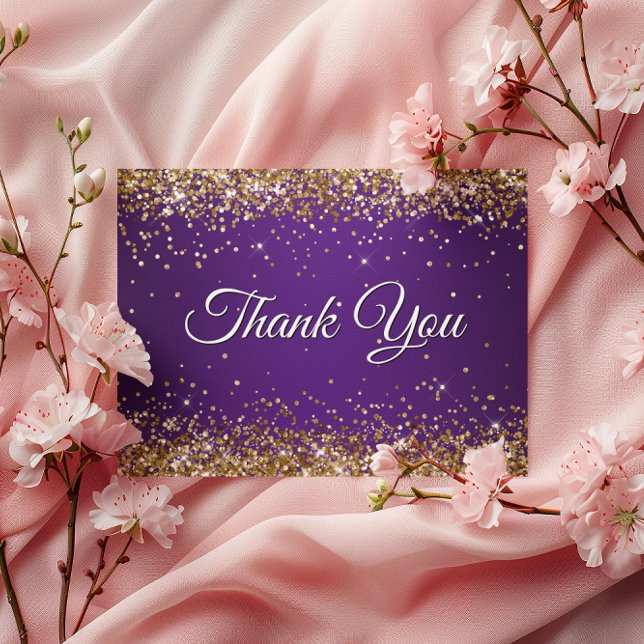 Cartão Postal Falso Glitter Dourado Brilhante Roxo Real Obrigado (Faux Sparkly Gold Glitter Purple Thank You Postcard)