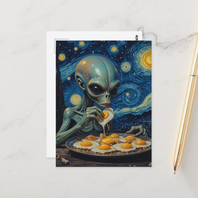 Cartão Postal Falso Van Gogh Alien Azul Comendo Ovos Fritos (Frente/Verso In Situ)