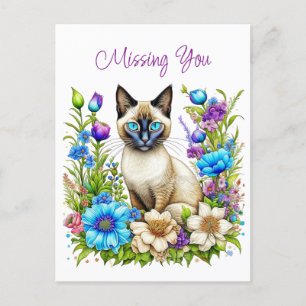 Cartão Postal Faltando você Watercolor Gato Siamês em Flores