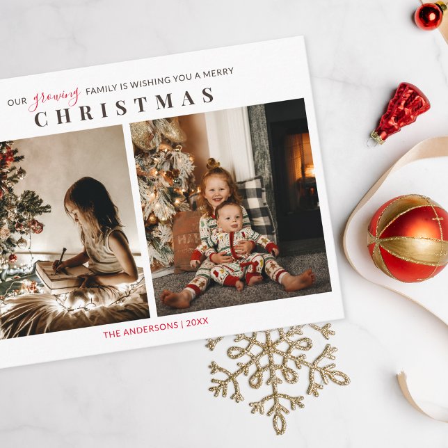 Cartão Postal Família Crescente 2 Crianças Foto Feliz Natal (Christmas greeting card with 2 photos of kids from a growing family )