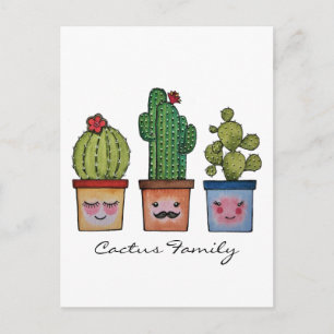 Cartão Postal Família Cute Cactus Em Aquarela