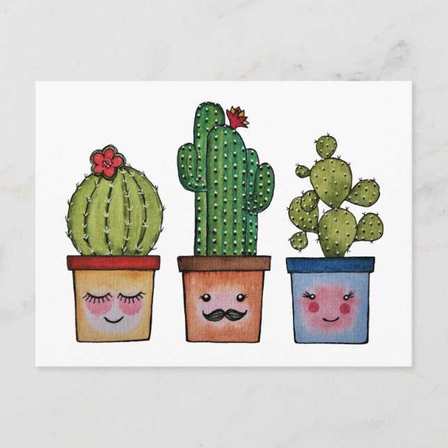 Cartão Postal Família Cute Cactus Em Aquarela (Frente)