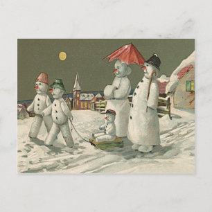 Cartão Postal Família de Boneco de Neve de Inverno Brincando na