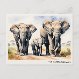 Cartão Postal Família de Elefantes em Aquarela com Nome Personal