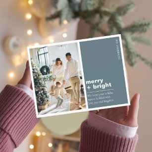 Cartão Postal Família de Fotos de Natal   Feliz + Azul Brilho