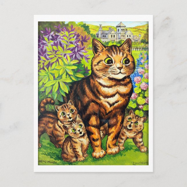 Cartão Postal Família de Gatos em Jardim, Louis Wain (Frente)