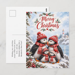 Cartão Postal Família de Papagaios-do-Mar Natal Arte Tradiciona