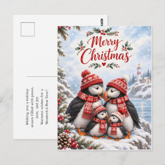 Cartão Postal Família de Papagaios-do-Mar Natal Arte Tradiciona