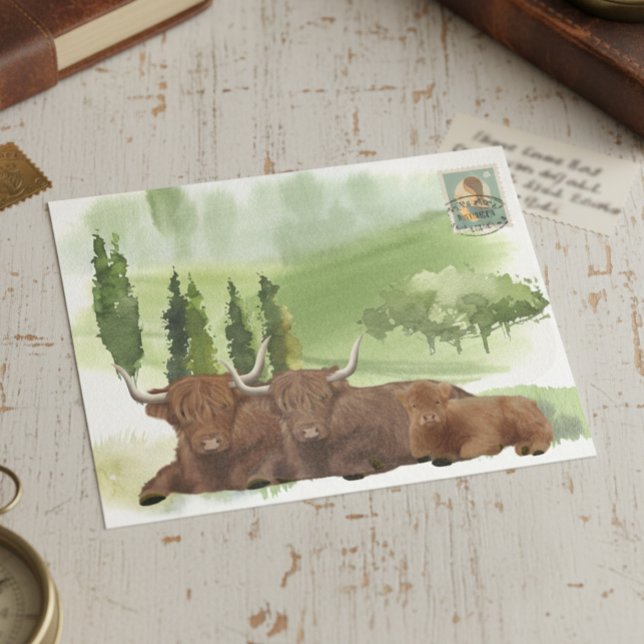Cartão Postal Família de Vaca das Terras Altas Aquarela Escócia (Criador carregado)