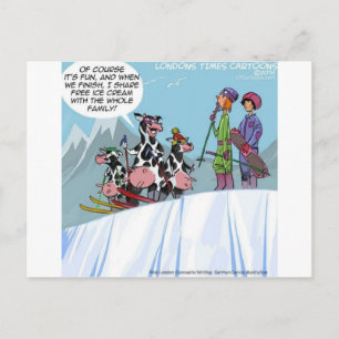 Cartão Postal Família de Vaca Esquiando na Neve Divertido