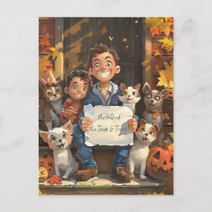 Cartão Postal Família Feliz de Halloween com Animais