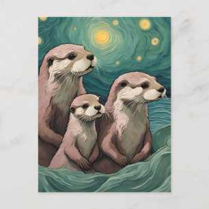 Cartão Postal Família Otter num Oceano Noturno Estrelado