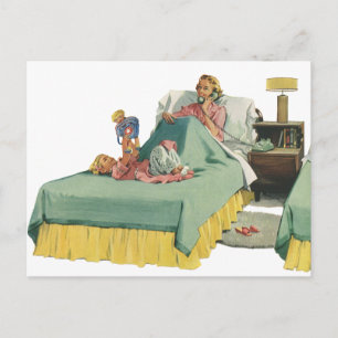 Cartão Postal Família Vintage servindo café da manhã da mãe