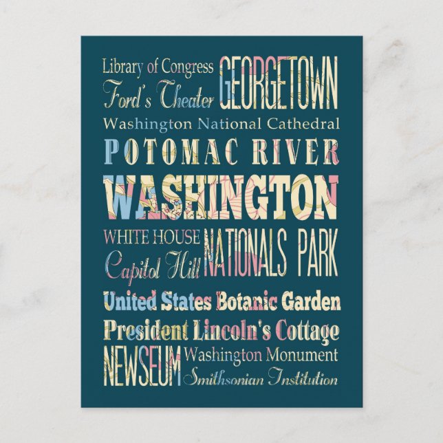Cartão Postal Famosos Locais de Washington, Distrito da Colômbia (Frente)