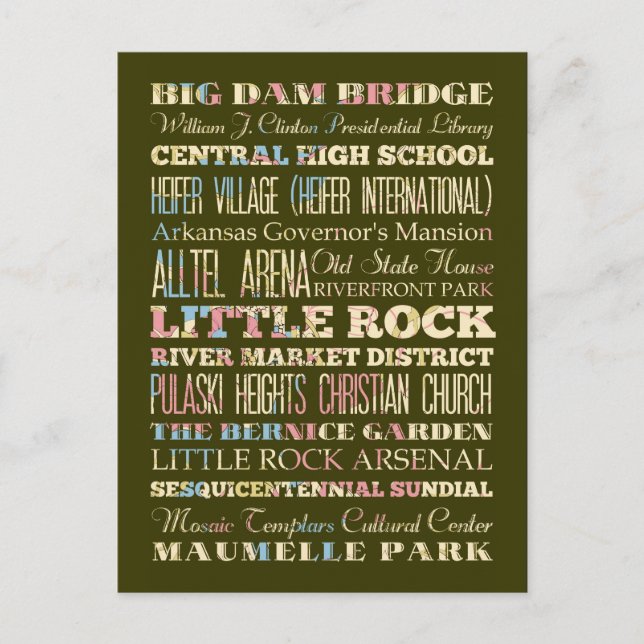 Cartão Postal Famosos Lugares de Little Rock, Arkansas. (Frente)