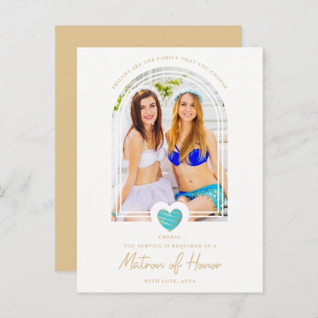 Cartão Postal Fancy Matron of Honor Blue Heart Photo Proposal (Frente/Verso)