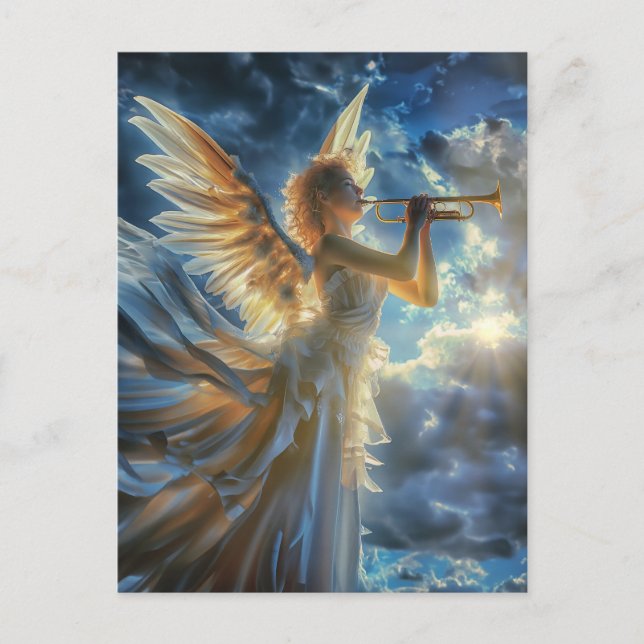 Cartão Postal Fanfarra Celestial Anjo Tocando Trombeta (Frente)