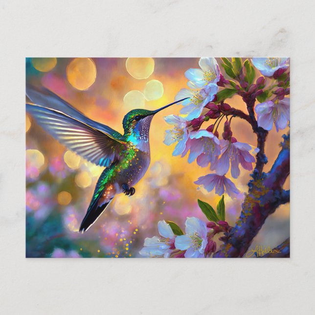 Cartão Postal Fantasia de Flor de Cerejeira Beija-flor (Frente)